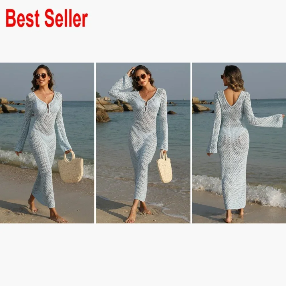 Acrylic Knit Crochet Cover Up Beach Dress V-Neck Hollow Out